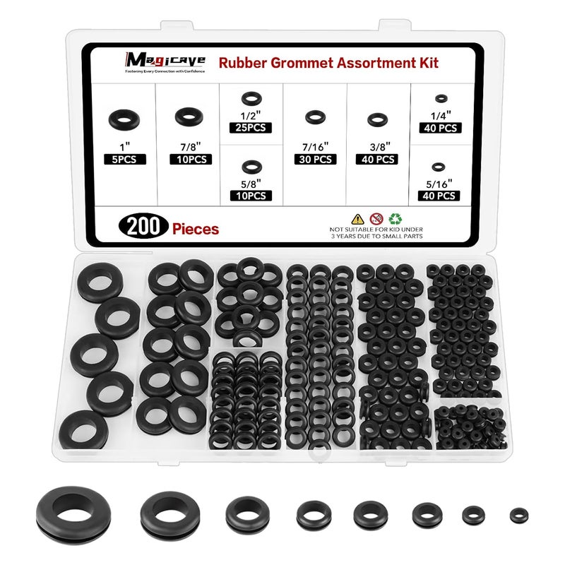 Magicave Store 200 Pcs Rubber Grommets Kit – 8 Sizes Firewall Rubber Hole Plugs Assortment, Rubber Grommets for Wiring, Automotive, Electrical, Home DIY (1/4", 5/16", 3/8", 7/16", 1/2", 5/8", 7/8", 1") - Image 1